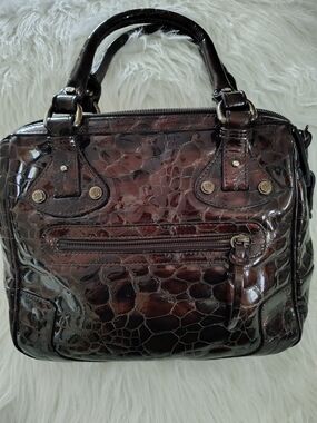 Glossy Croc-Embossed Satchel Handbag in Deep Brown